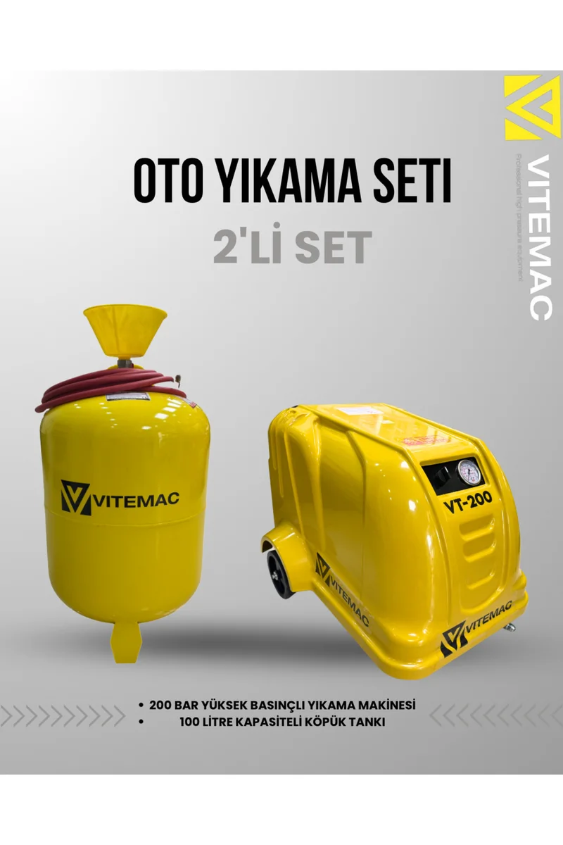 Oto Yıkama Seti 2'li Set 200 Bar Yıkama Makinesi ve 100 Litre Köpük Tankı